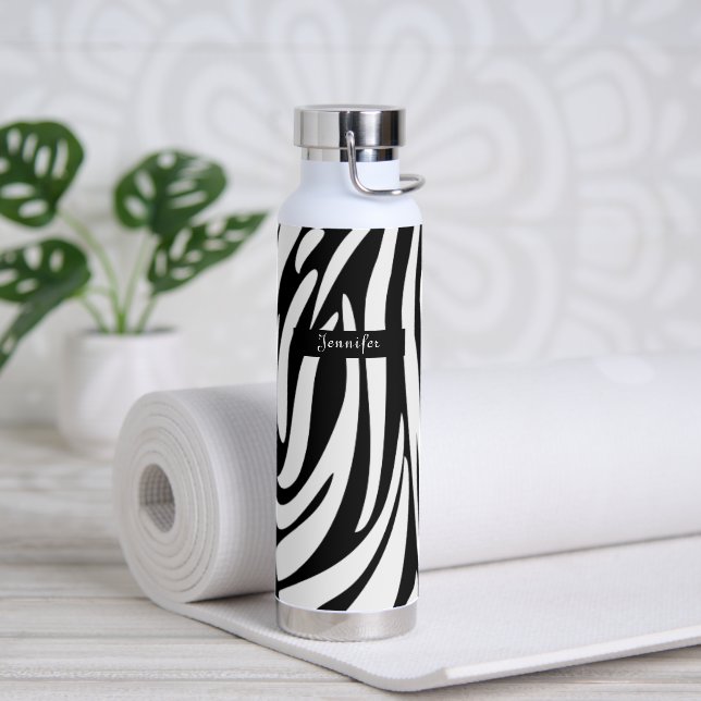 Monogram Black and White Striped Zebra Pattern Water Bottle (Yoga)