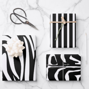 Monogram Black and White Striped Zebra Pattern Wrapping Paper Sheet