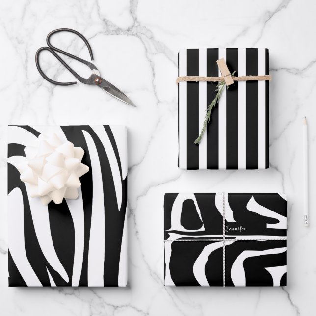 Monogram Black and White Striped Zebra Pattern Wrapping Paper Sheet (Front)