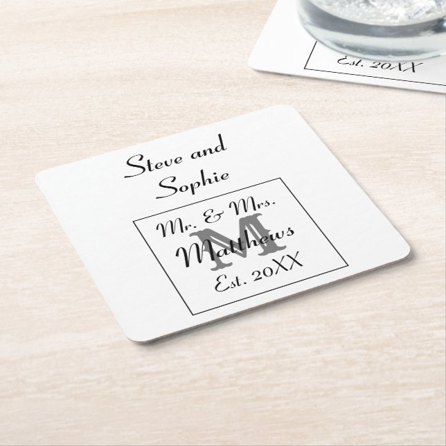 Monogram Black and White Wedding Names Square Paper Coaster (Angled)