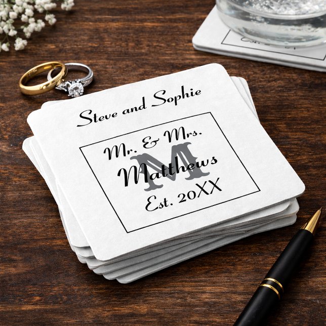 Monogram Black and White Wedding Names Square Paper Coaster (Creator Uploaded)