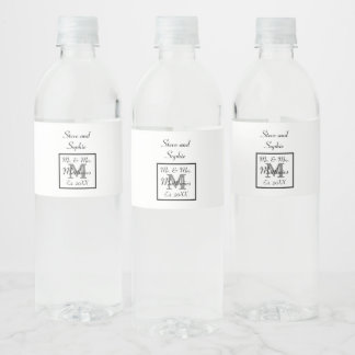 Monogram Black and White Wedding Names Water Bottle Label