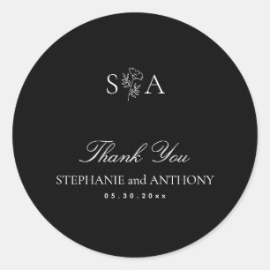 Monogram Black and White Wildflower Wedding   Classic Round Sticker