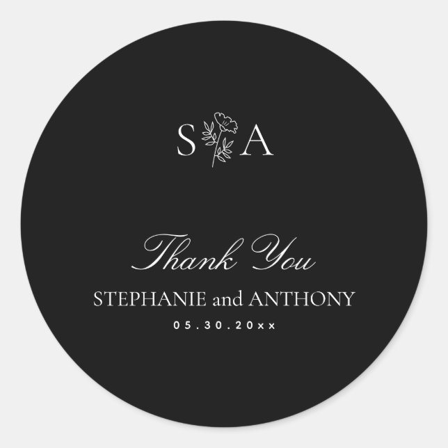 Monogram Black and White Wildflower Wedding   Classic Round Sticker (Front)