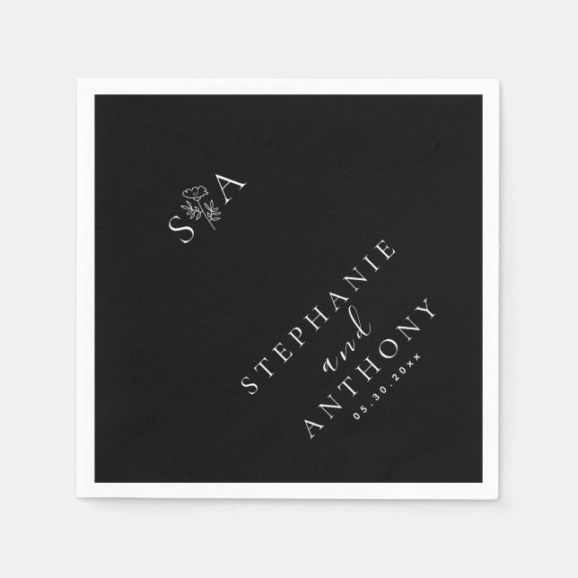 Monogram Black and White Wildflower Wedding Napkin (Front)