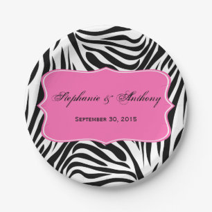 Monogram Black and White Zebra Print and Hot Pink Paper Plate