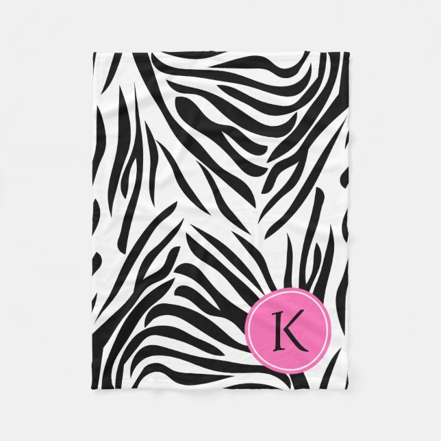 Monogram Black and White Zebra Print with Hot Pink Fleece Blanket (Front)