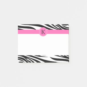 Monogram Black and White Zebra Print with Hot Pink Post-it Notes