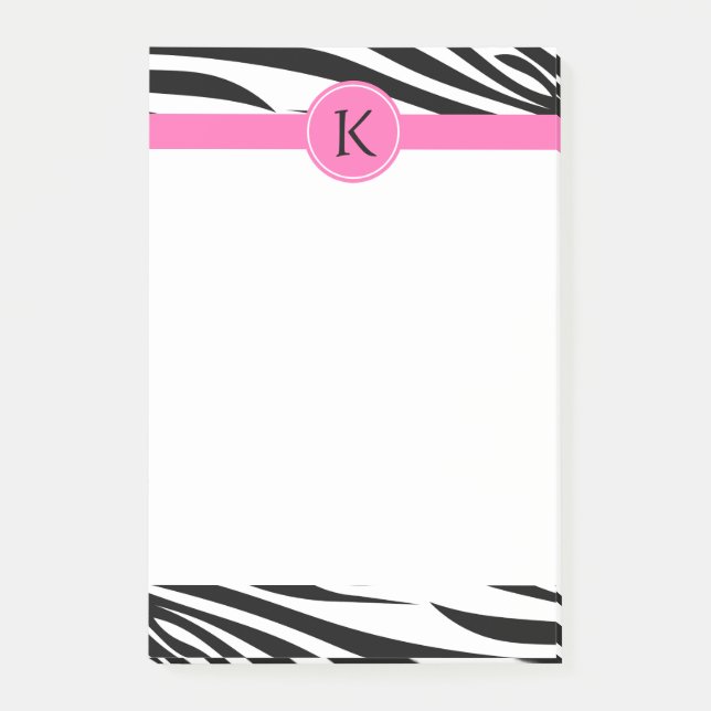 Monogram Black and White Zebra Print with Hot Pink Post-it Notes (Front)