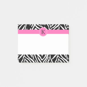 Monogram Black and White Zebra Print with Hot Pink Post-it Notes