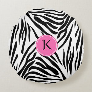 Monogram Black and White Zebra Print with Hot Pink Round Cushion