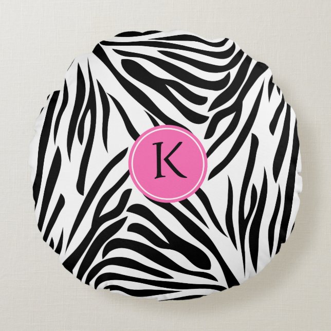 Monogram Black and White Zebra Print with Hot Pink Round Cushion (Front)