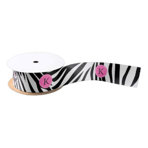 Monogram Black and White Zebra Print with Hot Pink Satin Ribbon