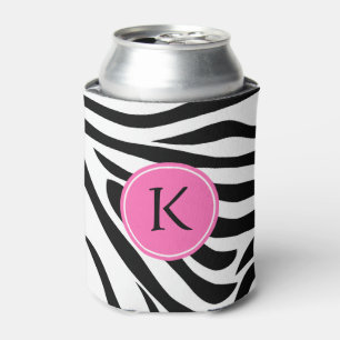 Monogram Black and White Zebra with Hot Pink Can Cooler