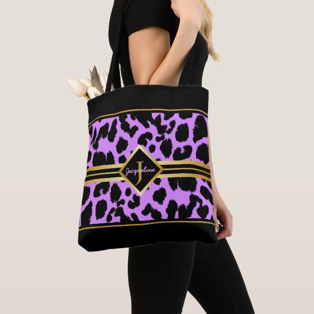 Monogram Black Animal Print Faux Gold on PINK Tote Bag (Close Up)