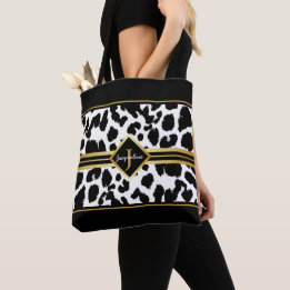 Monogram Black Animal Print Faux Gold on White Tote Bag