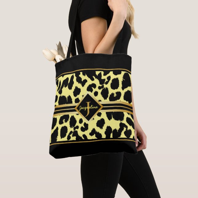 Monogram Black Animal Print Faux Gold on YELLOW Tote Bag (Close Up)