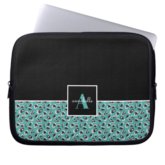 Monogram Black & Aqua Leopard Animal Print Laptop Sleeve (Front)