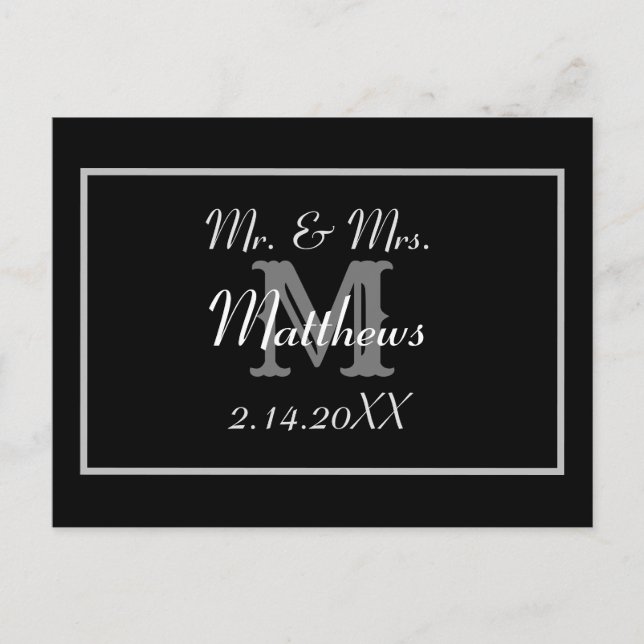 Monogram Black Bride Groom Date Wedding Thank you  Postcard (Front)