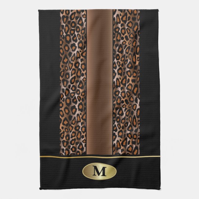 Monogram Black, Brown and Gold Jaguar Animal Print Tea Towel (Vertical)