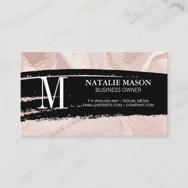 Monogram Black Brushed | Pink Marble Gold Flake Business Card (Front)