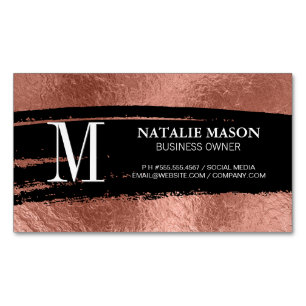 Monogram Black Brushed   Rose Gold Foil Magnetic Business Card