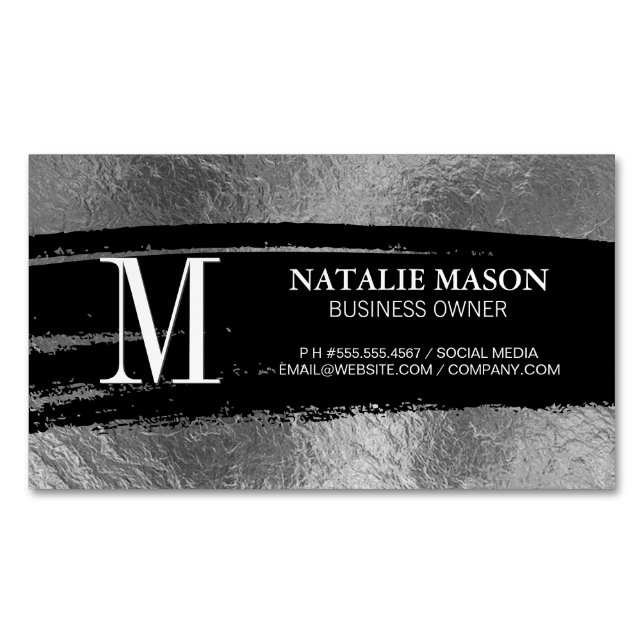 Monogram Black Brushed | Silver Foil Magnetic Business Card (Front)