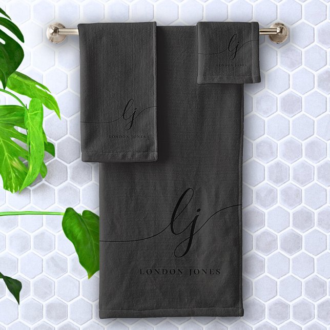 Monogram Black Calligraphy Elegant Minimal Chic Bath Towel Set (Creator Uploaded)