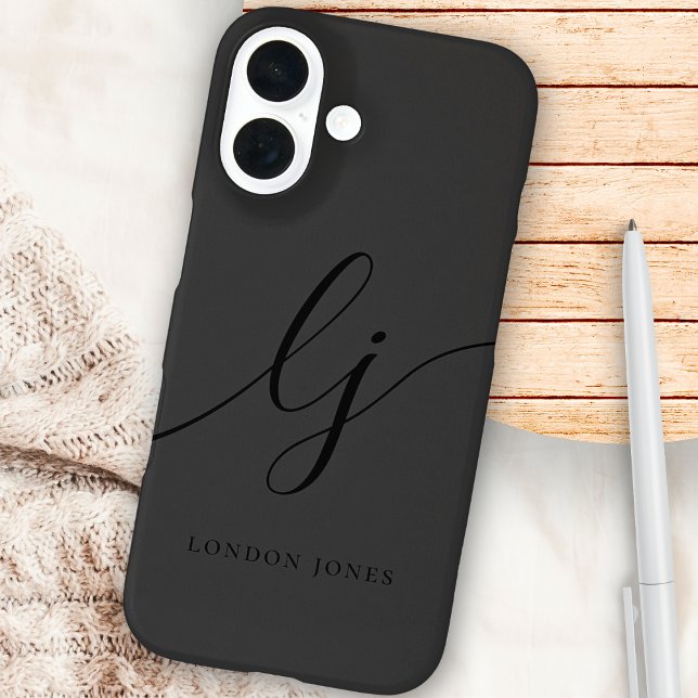 Monogram Black Calligraphy Script Initials Elegant iPhone 16 Case (Creator Uploaded)
