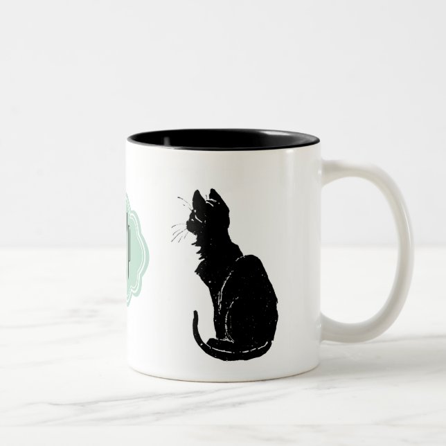 Monogram Black Cat Art Nouveau Chat Noir Steinlen Two-Tone Coffee Mug (Right)