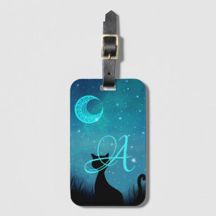 Monogram black cat starry sky illustration luggage tag