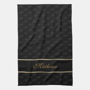 Monogram Black Charcoal Name Tea Towel