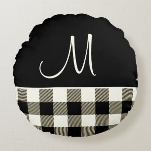 Monogram Black Cream Buffalo Plaid Round Cushion