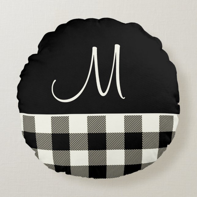 Monogram Black Cream Buffalo Plaid Round Cushion (Front)