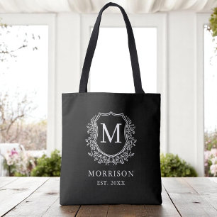 Monogram Black Crest Modern Botanical Wedding  Tote Bag
