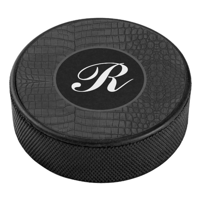 Monogram Black Crocodile Leather Print Hockey Puck (3/4)