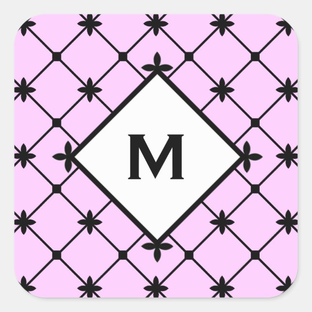 Monogram Black Cross Pattern on Pink Square Sticker (Front)