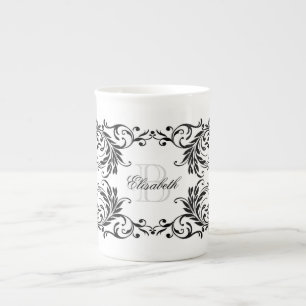 Monogram Black Damask Bone China Mug