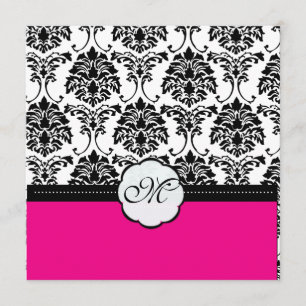 Monogram/Black Damask/Hot Pink Wedding Invitations