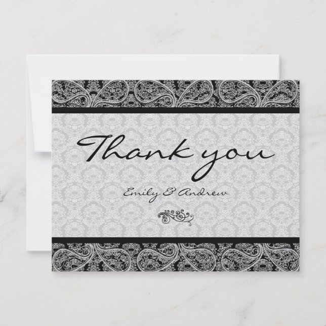Monogram Black Damask Paisley Wedding Thank You (Front)