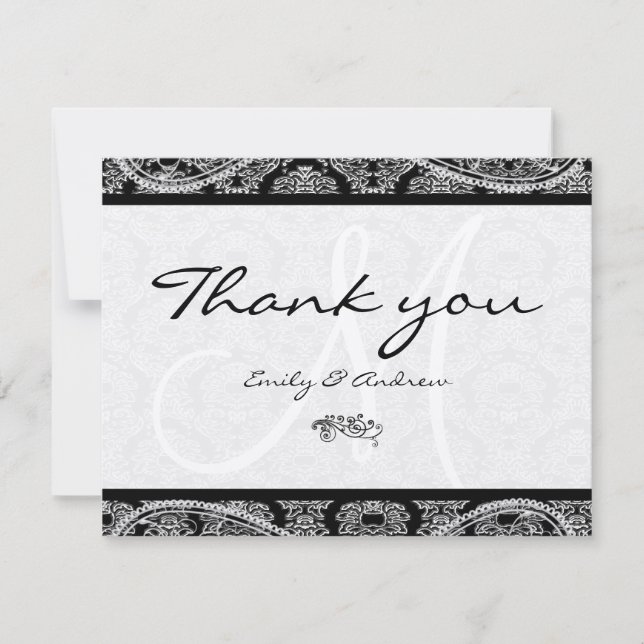 Monogram Black Damask Paisley Wedding Thank You (Front)