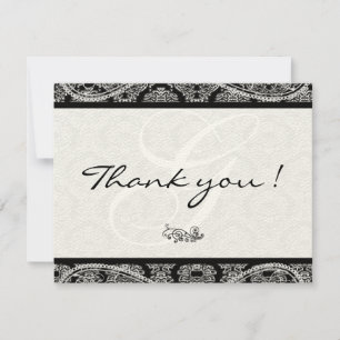 Monogram Black Damask Paisley Wedding Thank You Card