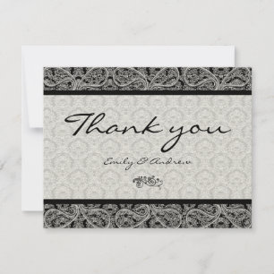 Monogram Black Damask Paisley Wedding Thank You Card