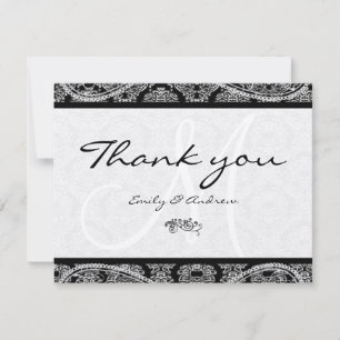 Monogram Black Damask Paisley Wedding Thank You Card