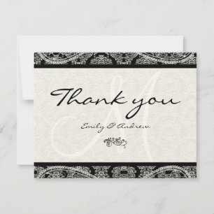 Monogram Black Damask Paisley Wedding Thank You Card