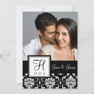 Monogram Black Damask Photo Save the Date