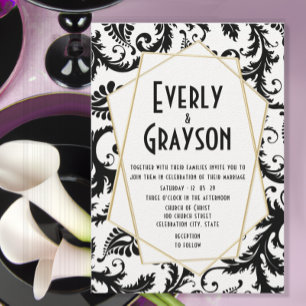 Monogram Black Damask Pink & Wedding Invitations