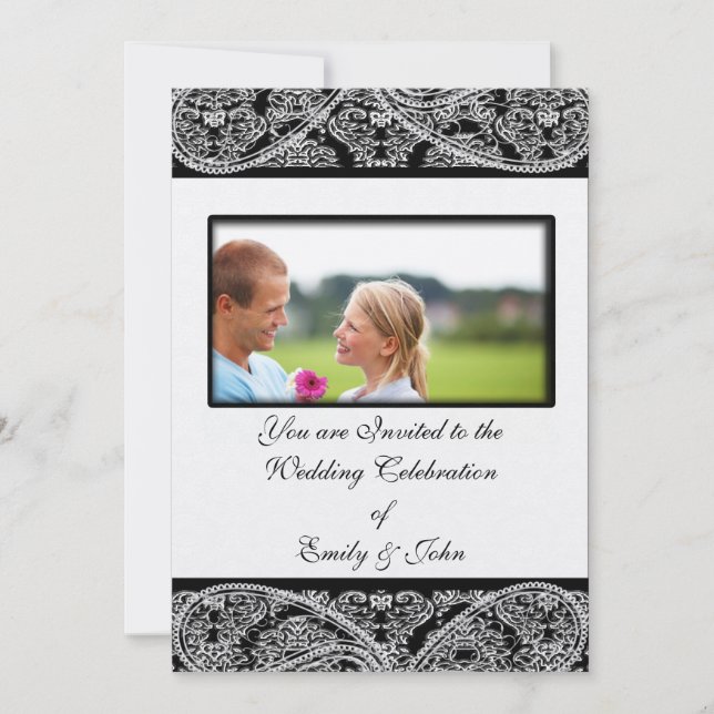 Monogram Black Damask Wedding Invitation  Photo (Front)