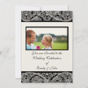 Monogram Black Damask Wedding Invitation Photo