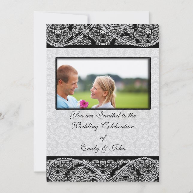 Monogram Black Damask Wedding Invitation  Photo (Front)